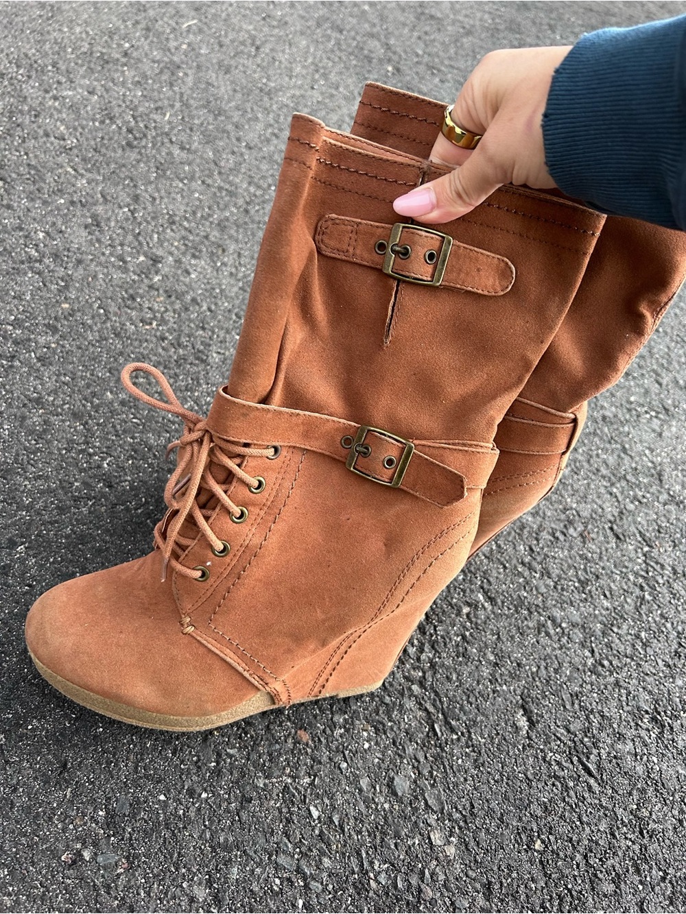 Bakers Rust Suede Lace-Up Wedge Boots with Buckle